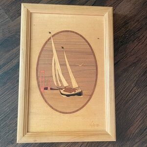VTG Marquetry Sailboat Jeff Nelson Hudson River Inlay Wood Framed Artwork READ
